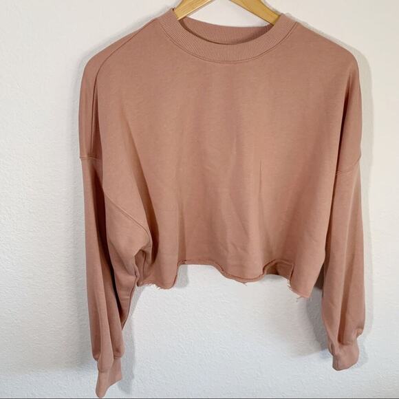 NWT NIA Pandora Long Drop Shoulder Sleeve French Terry Crew Neck Crop Pullover - Picture 3 of 7